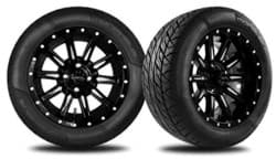 Picture of 14  gloss black and machined zeus wheel with      23x10-14" kraken tires